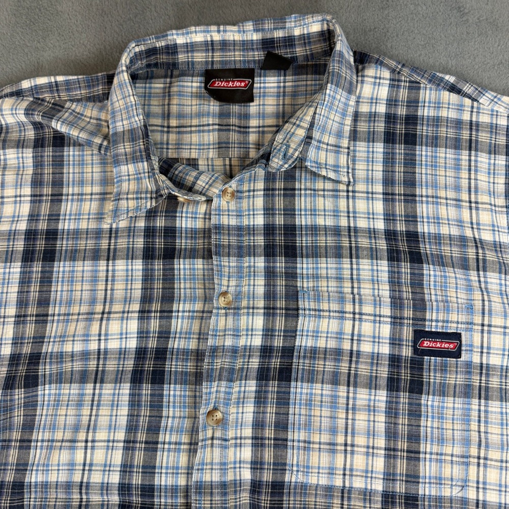Dickies Men's 2XL Plaid Short Sleeve Button Down Work Shirt‎ Blue White